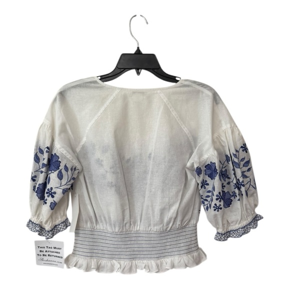 SHOSHANNA | NWT $378 Diego Linen Embroidered Top in White/Blue, Size Medium - Picture 4 of 9